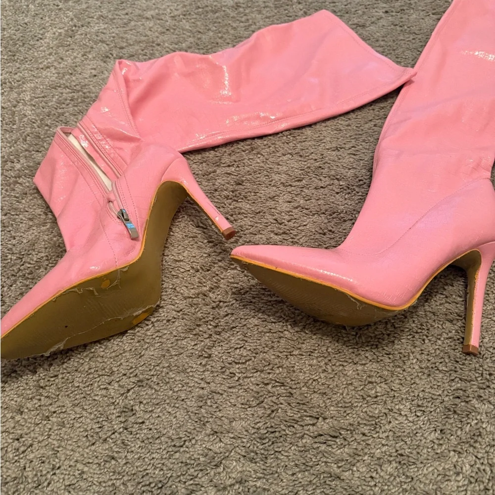 Pink Patent Over-the-Knee Stiletto Boots - Women's Fashion Knee-High